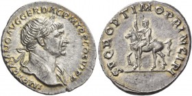 Trajan, 98 – 117. Denarius circa 112-113, AR 3.41 g. IMP TRAIANO AVG GER DAC P M TR P COS VI P P Laureate bust r., with drapery on l. shoulder. Rev. S...