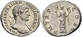 Hadrian, 117-138. Denarius circa 119-122, AR 3.70 g. IMP CAESAR TRAIAN H – ADRIANVS AVG Laureate bust r., wearing drapery on l. shoulder. Rev. P M TR ...
