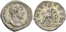 Hadrian, 117-138. Denarius 119-122, AR 3.53 g. IMP CAESAR TRAIAN HADRIANVS AVG Laureate, draped and cuirassed bust r. Rev. P M TR P C – OS III Concord...