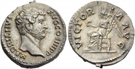 Hadrian, 117-138. Denarius 134-138, AR 3.28 g. HADRIANVS – AVG COS III P P Bare head r. Rev. VICTOR – IA AVG Victory seated l., holding wreath in r. h...
