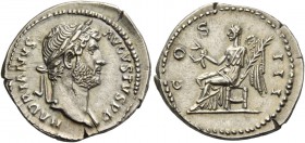 Hadrian, 117-138. Denarius 134-138, AR 3.48 g. HADRIANVS – AVGVSTVS P P Laureate head r. with drapery on l. shoulder. Rev. COS – III Victory seated l....