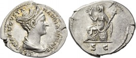 Sabina, wife of Hadrian. Denarius 128-136, AR 3.48 g. SABINA AVGVSTA – HADRIANI AVG P P Draped bust r. with hair waved, rising into crest on top above...