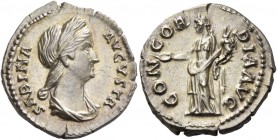 Sabina, wife of Hadrian. Denarius 134-138, AR 3.26 g. SABINA – AVGVSTA Draped bust r. Rev. CONCOR – DIA AVG Concordia standing l., leaning on column, ...