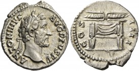 Antoninus Pius, 138 – 161. Denarius 145-161, AR 3.40 g. ANTONINVS AVG PIVS P P Laureate head r. Rev. COS – IIII Thunderbolt on draped throne. C 345. B...