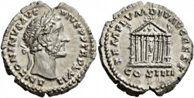 Antoninus Pius, 138 – 161. Denarius 158-159, AR 3.16 g. ANTONINVS AVG – PIVS PP TR P XXII Laureate head r. Rev. TEMPLVM DIV AVG REST Octastyle temple,...