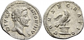 Antoninus Pius, 138 – 161. Divus Antoninus Pius. Denarius after 161, AR 3.19 g. DIVVS – ANTONINVS Bare head r. Rev. CONSECRATIO Eagle standing r., hea...
