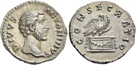 Antoninus Pius, 138 – 161. Divus Antoninus Pius. Denarius after 161, AR 3.15 g. DIVVS – ANTONINVS Bare head r. Rev. CONSECRATIO Eagle standing r., hea...