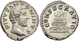 Antoninus Pius, 138 – 161. Divus Antoninus Pius. Denarius after 161, AR 3.28 g. DIVVS ANTONINVS Bare head r. Rev. CONSE – CRATIO Four-tier pyre. C 164...