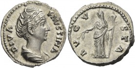 Faustina I, wife of Antoninus Pius. Diva Faustina. Denarius after 141, AR 3.29 g. DIVA – FAVSTINA Draped bust r., hair waved and coiled on top of head...