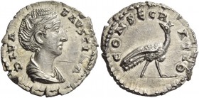 Faustina I, wife of Antoninus Pius. Diva Faustina. Denarius after 141, AR 3.79 g. DIVA – FAVSTINA Draped bust r., hair waved and coiled on top of head...