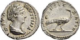 Faustina I, wife of Antoninus Pius. Diva Faustina. Denarius after 141, AR 3.63 g. DIVA – FAVSTINA Draped bust r., hair waved and coiled on top of head...