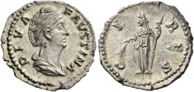 Faustina I, wife of Antoninus Pius. Diva Faustina. Denarius after 141, AR 3.47 g. DIVA – FAVSTINA Draped bust r., hair waved and coiled on top of head...