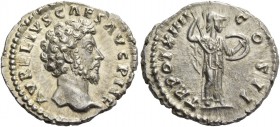 Marcus Aurelius caesar, 139 – 161. Denarius 159-160, AR 3.48 g. AVRELIVS CAES AVG PII F Bare head r. Rev. TR POT XIIII – COS II Minerva standing r., h...