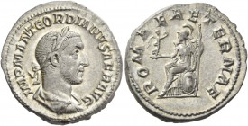 Gordian I, 1– 22 April 238. Denarius 238, AR 3.60 g. IMP M ANT GORDIANVS AFR AVG Laureate, draped and cuirassed bust r. Rev. ROMAE A – TERNAE Roma sea...