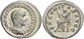 Gordian I, 1– 22 April 238. Denarius 238, AR 2.99 g. IMP M ANT GORDIANVS AFR AVG Laureate, draped and cuirassed bust r. Rev. SECVRITAS AVGG Securitas ...