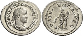 Gordian II, March – April 238. Denarius 238, AR 3.24 g. IMP M ANT GORDIANVS AFR AVG Laureate, draped and cuirassed bust r. Rev. PROVIDENTIA AVGG Provi...