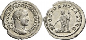 Gordian II, March – April 238. Denarius 238, AR 2.76 g. IMP M ANT GORDIANVS AFR AVG Laureate, draped and cuirassed bust r. Rev. PROVIDENTIA AVGG Provi...