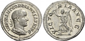 Gordian II, March – April 238. Denarius 238, AR 3.25 g. IMP M ANT GORDIANVS AFR AVG Laureate, draped and cuirassed bust r. Rev. VICT – ORIA AVGG Victo...