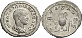 Gordian III caesar, April – June 238. Denarius 238, AR 2.97 g. M ANT GORDIANVS CAES Bare-headed and draped bust r. Rev. PIETAS AVGG Priestly emblems. ...