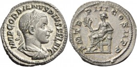 Gordian III, 238 – 244. Denarius 241-243, AR 2.89 g. IMP GORDIANVS PIVS FEL AVG Laureate, draped and cuirassed bust r. Rev. P M – TR P III COS II P P ...