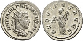 Philip I, 244 – 249. Antoninianus 244-247, AR 3.47 g. IMP M IVL PHILIPPVS AVG Radiate, draped and cuirassed bust r. Rev. AEQVITAS AVGG Aequitas standi...