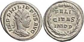 Philip I, 244 – 249. Antoninianus 247-249, AR 4.05 g. IMP PHILIPPVS AVG Radiate, draped and cuirassed bust r. Rev. FELI / CITAS / IMP P within wreath....