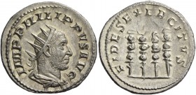Philip I, 244 – 249. Antoninianus 247-249, AR 4.14 g. IMP PHILIPPVS AVG Radiate, draped and cuirassed bust r. Rev. FIDES EXERCITVS Legionary eagle and...
