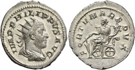 Philip I, 244 – 249. Antoninianus 247-249, AR 3.92 g. IMP PHILIPPVS AVG Radiate, draped and cuirassed bust r. Rev. FORTVNA REDVX Fortuna seated l., ho...