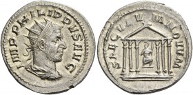 Philip I, 244 – 249. Antoninianus 248, AR 4.02 g. IMP PHILIPPVS AVG Radiate, draped, and cuirassed bust r. Rev. SAECLV – M NOVVM Roma seated within he...