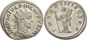 Philip II, 247 – 249. Antoninianus 247, AR 4.37 g. IMP M IVL PHILIPPVS AVG Radiate, draped and cuirassed bust r. Rev. P M TR P III COS PP Felicitas st...