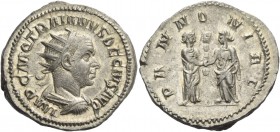 Trajan Decius, 249 – 251. Antoninianus 249-251, AR 5.14 g. IMP C M Q TRAIANVS DECIVS AVG Radiate, draped and cuirassed bust r. Rev. PANNO – NIAE Two P...