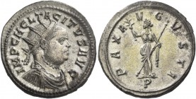 Tacitus, 275 – 276. Antoninianus, Ticinum 275-276, billon 4.38 g. IMP C M CL TACITVS AVG Radiate, draped and cuirassed bust r. Rev. PAX A – VGVSTI Pax...