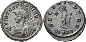 Probus, 276 – 282. Antoninianus, Ticinum 276-282, billon 3.72 g. VIRTVS PROBI INVICTI AV – G Cuirassed bust l., wearing radiate helmet and holding shi...