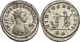 Probus, 276 – 282. Antoninianus 277, AR 4.80 g. IM – P C M AVR PROBVS AVG Radiate and cuirassed bust r., holding spear over l. shoulder. Rev. VIRTVS A...