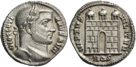 Diocletian, 284 – 305. Argenteus, Aquileia circa 294-300, AR 3.11 g. DIOCLETI – ANVS AVG Laureate head r. Rev. VIRTVS – MILITVM Camp gate with three t...