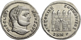 Diocletian, 284 – 305. Argenteus, Nicomedia circa 295-296, AR 3.30 g. DIOCLETI – ANVS AVG Laureate head r. Rev. VICTORIAE – SARMATICAE Camp gate with ...