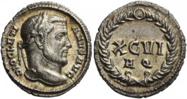Diocletian, 284 – 305. Argenteus, Aquileia circa 300, AR 3.29 g. DIOCLETI – ANVS AVG Laureate head r. Rev. XCVI / AQ within wreath. C 548. Paolucci 7....