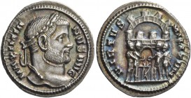 Maximianus Herculius first reign, 286 – 305. Argenteus, Siscia circa 294, AR 3.28 g. MAXIMIA – NVS AVG Laureate head r. Rev. VIRTVS – MILITVM Eight-tu...