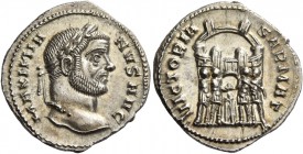 Maximianus Herculius first reign, 286 – 305. Argenteus, Ticinum circa 295, AR 3.42 g. MAXIMI – ANVS AVG Laureate head r. Rev. VICTORIA – SARMAT Six-tu...