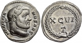 Maximianus Herculius first reign, 286 – 305. Argenteus, Ticinum circa 300, AR 3.61 g. MAXIMIA – NVS AVG Laureate head r. Rev. XCVI / T Within wreath. ...