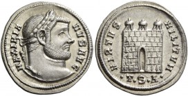Maximianus Herculius first reign, 286 – 305. Argenteus, Thessalonica circa 302, AR 3.37 g. MAXIMIA – NVS AVG Laureate head r. Rev. VIRTVS – MILITVM Th...