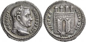 Maximianus second reign, 306 – 308. Argenteus, Treveri circa 306-307, AR 3.46 g. MAXIMI – ANVS P F AVG Laureate head r. Rev. VIRTVS – MILITVM C amp ga...