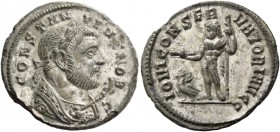 Constantius Chlorus caesar, 293 – 305. Denarius 293-305, billon 2.59 g. CONSTAN – TIV[S] NOB – C Laureate bust r., wearing imperial mantle and holding...