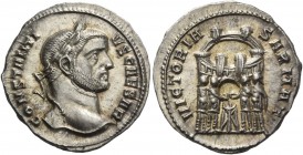 Constantius Chlorus caesar, 293 – 305. Argenteus, Siscia circa 294-295, AR 3.07 g. CONSTANTI – VS CAESAR Laureate head r. Rev. VICTORIA – SARMAT Six-t...