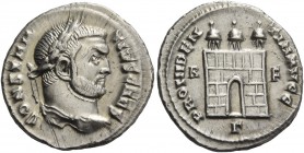 Constantius Chlorus caesar, 293 – 305. Argenteus circa 298-299, AR 3.06 g. CONSTAN – TIVS CAES Laureate head r. Rev. PROVIDEN – TIAE AVGG Three turret...