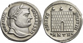Galerius Maximianus ceasar, 293 – 305. Argenteus, Antiochia circa 298, AR 3.30 g. MAXIMIA – NVS CAESAR Laureate bust r. Rev. VIRTVS – MILITVM Three-tu...