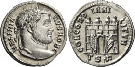 Galerius Maximianus ceasar, 293 – 305. Argenteus, Thessalonica circa 302, AR 3.72 g. MAXIMIA – NVS NOB C Laureate head r. Rev. CONCORD – IA MI – LITVM...