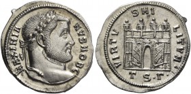 Galerius Maximianus ceasar, 293 – 305. Argenteus, Thessalonica circa 302, AR 3.49 g. MAXIMIA – NVS NOB C Laureate head r. Rev. VIRTV – S MI – LITVM Ca...