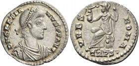 Gratian, 367 – 383. Siliqua, Treveri 367-375, AR 2.07 g. D N GRATIA – NVS P F AVG Pearl-diademed, draped, and cuirassed bust r. Rev. VRBS – ROMA Roma ...