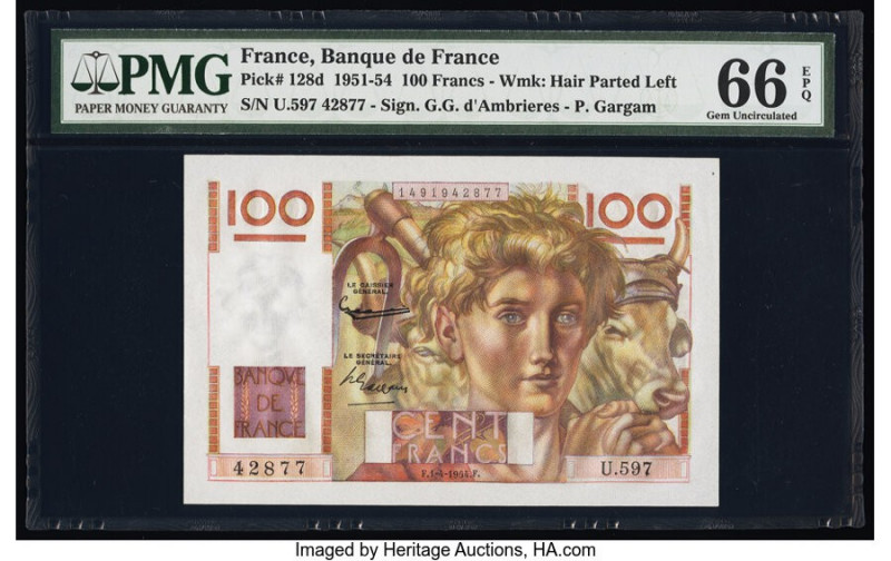 France Banque de France 100 Francs 1.4.1954 Pick 128d PMG Gem Uncirculated 66 EP...